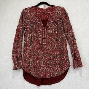 One September Blouse Womens Small Red Boho Floral Tunic Embroidered Trim A51B04